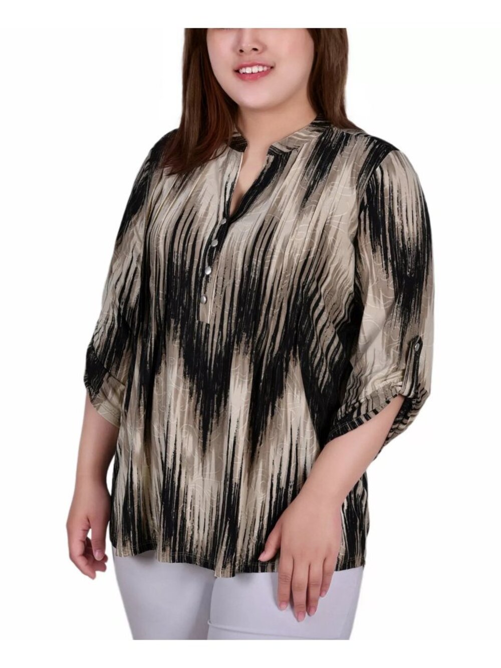 NY Collection Womens 3/4 Roll Tab Sleeve Y Neck Top Khaki Chevron Size 2X NWT